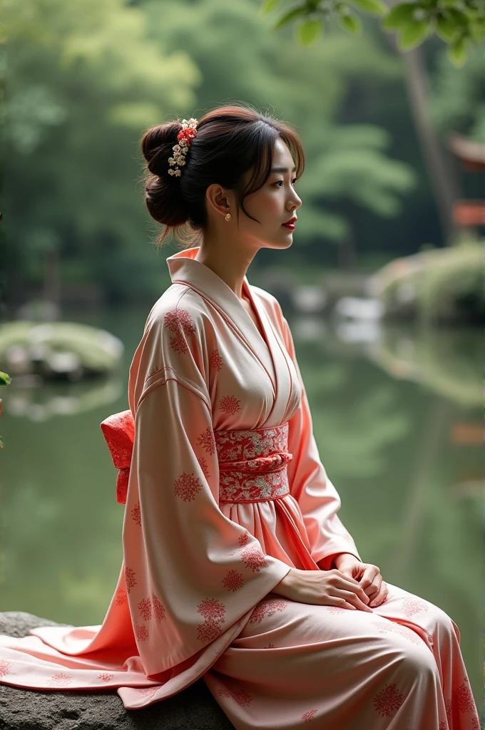 a woman in a silky, floral robe with a matching belt, sitting gracefully by a traditional Japanese garden, cinematic composition, trending on ArtStation.