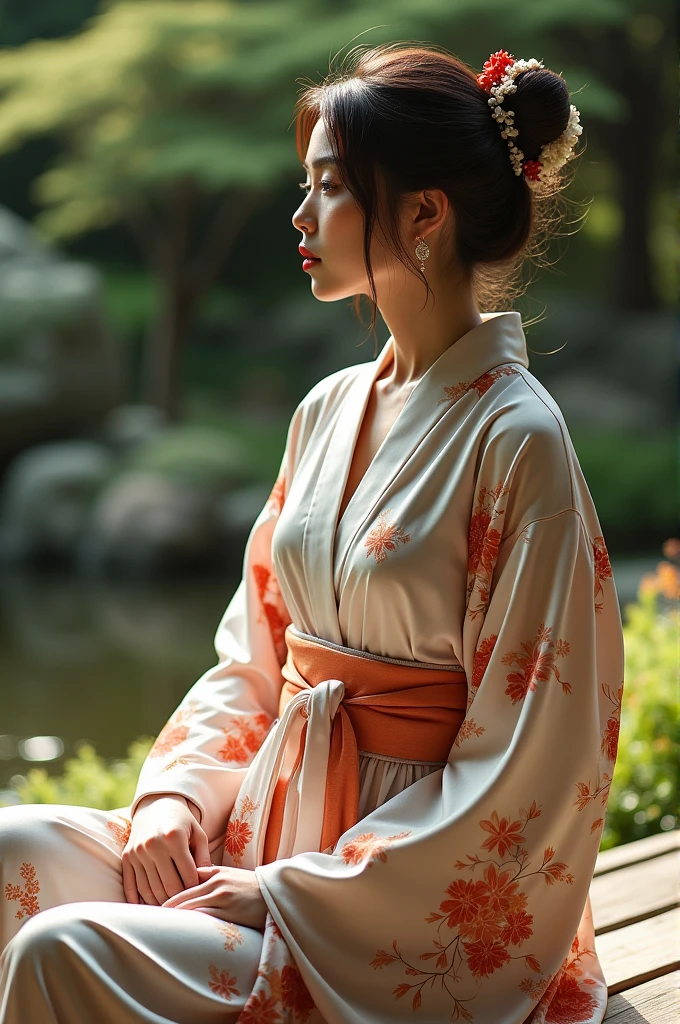 a woman in a silky, floral robe with a matching belt, sitting gracefully by a traditional Japanese garden, cinematic composition, trending on ArtStation.