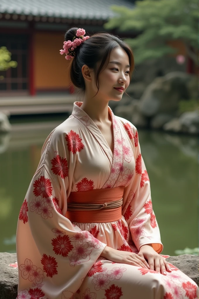a woman in a silky, floral robe with a matching belt, sitting gracefully by a traditional Japanese garden, cinematic composition, trending on ArtStation.