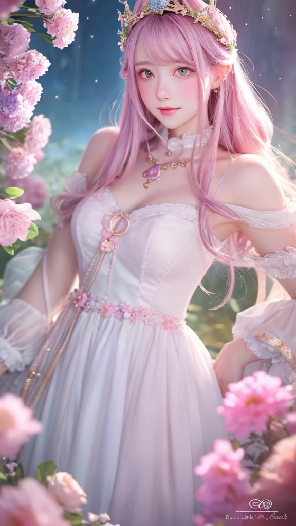 A mesmerizing photorealistic anime style of a woman wearing a crown surrounded by stunning colorful pastel toned flowers. The crown is adorned with delicate pastel flowers and fluffy clouds., Creates a magical and enchanting atmosphere. She has straight, long, pastel dark pink hair and soft, attractive features.、Mysterious and attractive girl. Her big, captivating eyes、A deep pink with subtle gradations that exudes joy and confidence.。. background, The quiet sky blends into a fantastical world. A harmonious combination of dreamy elements and the mystical forces of nature.、It invites the viewer on a fascinating journey of imagination and inspiration.。. , anime, photograph