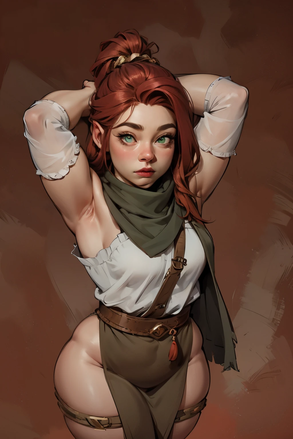 beautiful ginger ((dwarven woman)) in her 30s, with green eyes and striking features, exuding maturity and allure in a seductive pose.(dark-red background),(dwarf) female ,((curvy)), ((thick)),chubby , ((short hight)) , ( small),chibi, beauty, ginger braided hair, thicc