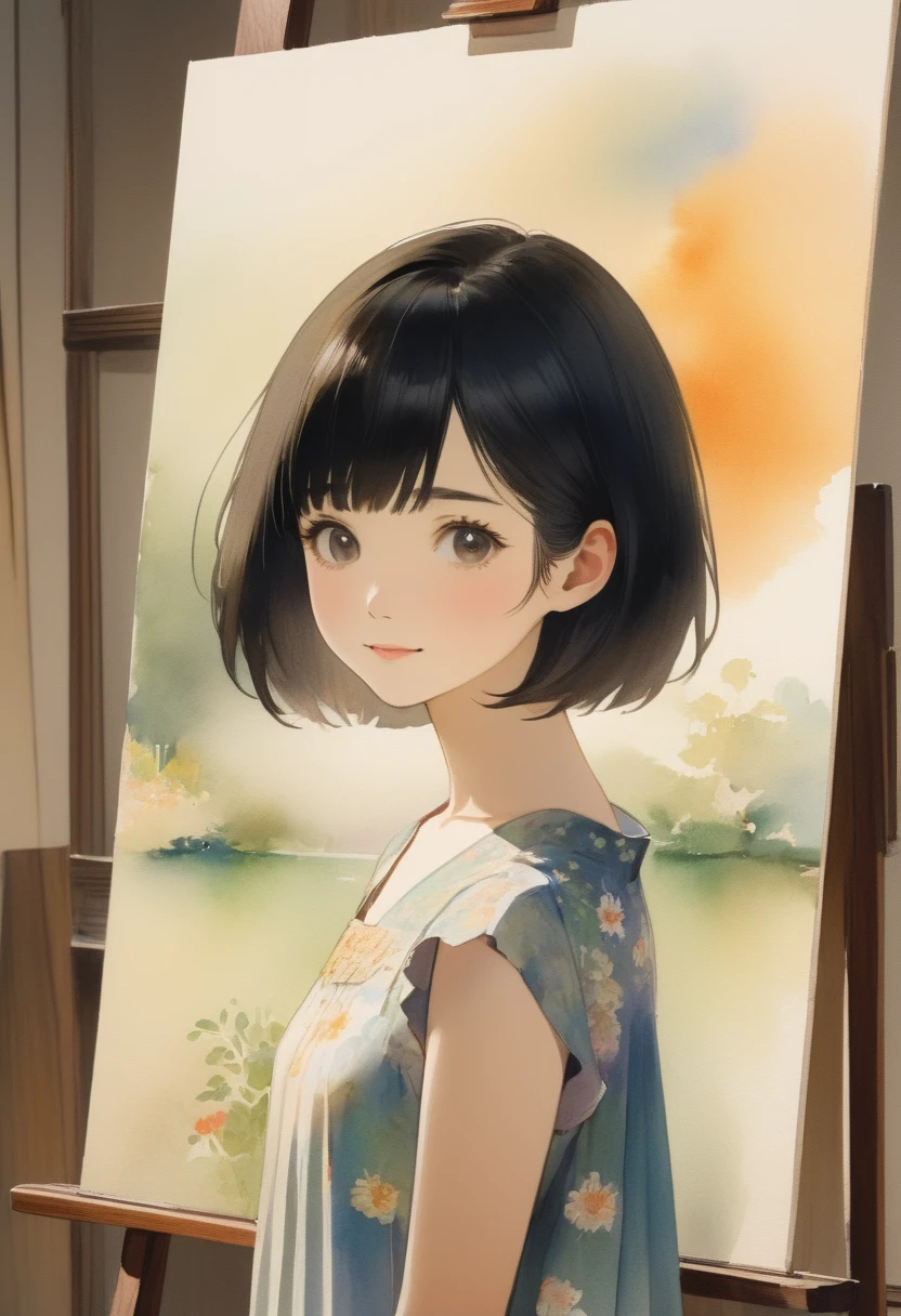 A Japanese watercolor painting, flat color, a girl, summer dress, short straight black hair, standing in the atelier, in front of the canvas, detailed face, innocent gentle smile