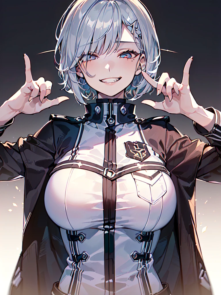 (((masterpiece, Highest quality, 1girl, 20-year-old woman, Beautiful attention to detail:1.6, Upper Body, Anatomically correct, flat lighting, futuristic student uniform, natural fingers, empty eyes, smirk, show teeth, Very large breasts))), bewitching, short cut, Silver Hair, Turn over your clothes