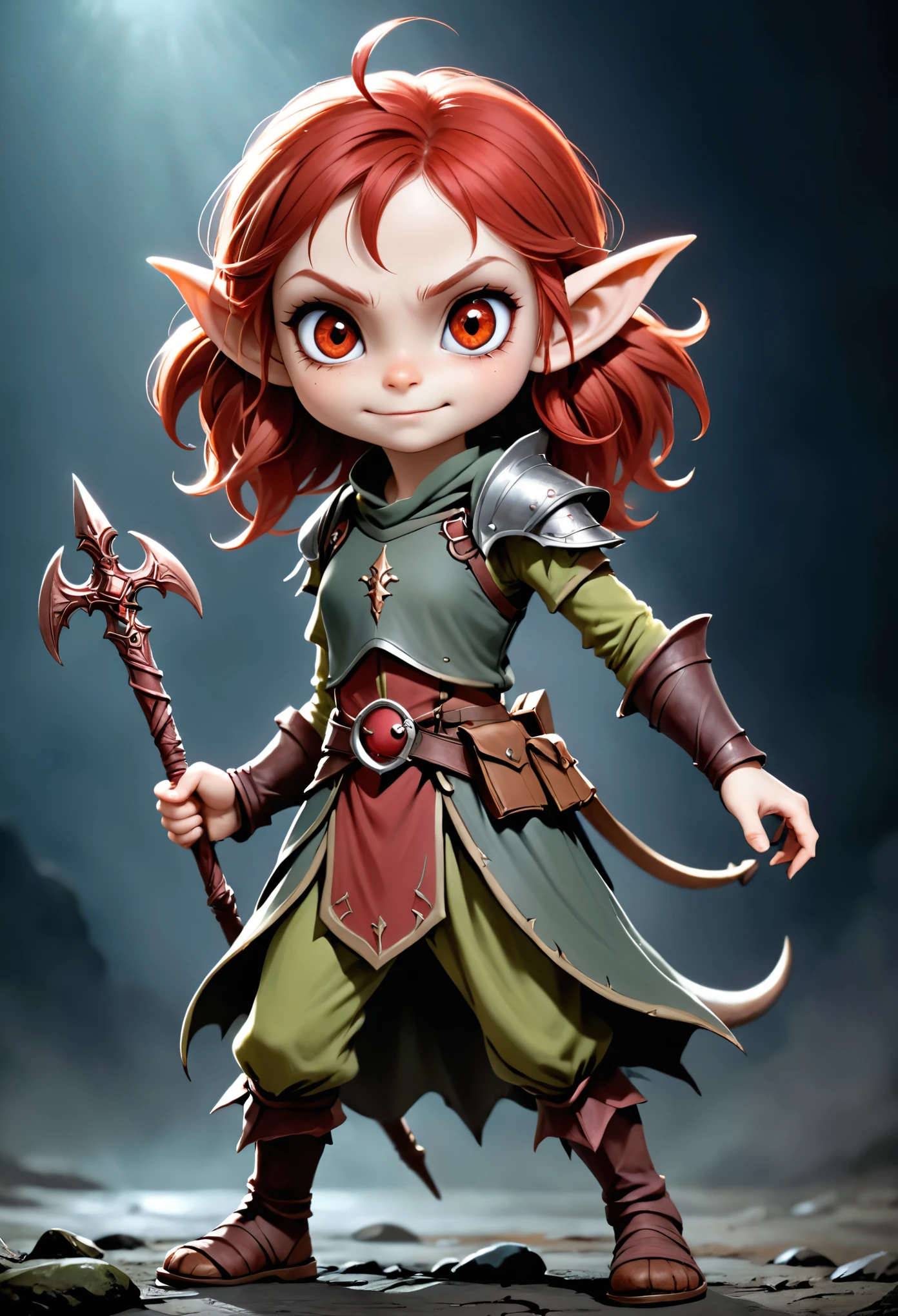 Realistic anime character, cute goblin femail, redhead, red eyes, full body portrait, holding a big hanmer, little smile, in battle, dynamic composition, intricate gloomy background, dark fantasy style, dark arts, depth of field