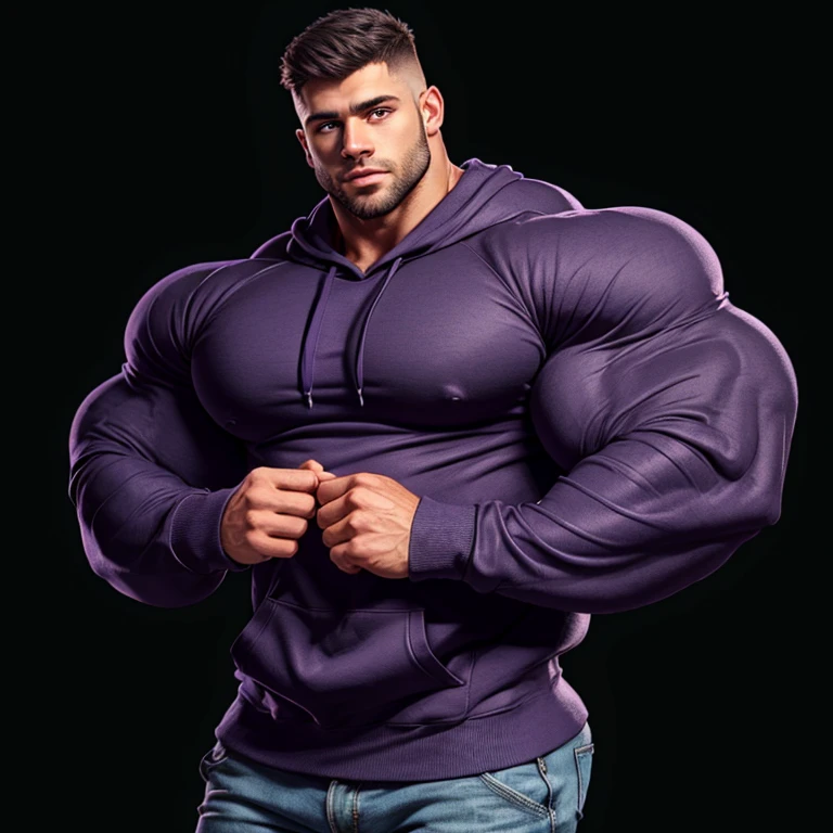 a very handsome young man, mid fade haircut, with massively large, massively muscular muscles, wearing a simple purple sweatshirt with long sleeves, on a black background