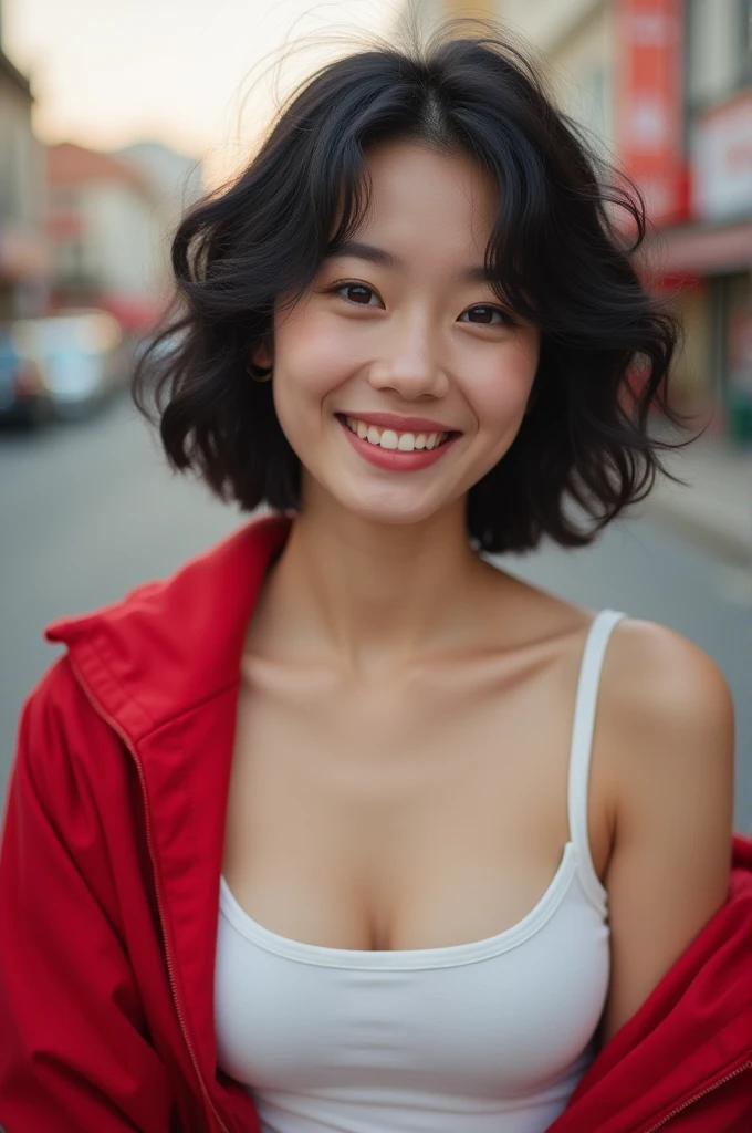 (a young korean asian girl 21 years old)),((short black curly hair)),brown eyes,(((natural makeup,radiant skin,sexy body,smooth skin,enchanting))),((red jacket, cleavage, white tank top, short shorts)),big round ass,arched back,sexy pose,((joyfully smiling)),((ultra-realistic skin texture)),((in a street))),enjoying,upper body,masterpiece,face realistic,8k,perfect eyes,FujiFilm xt3,Gold hour,85mm,best quality,high resolution