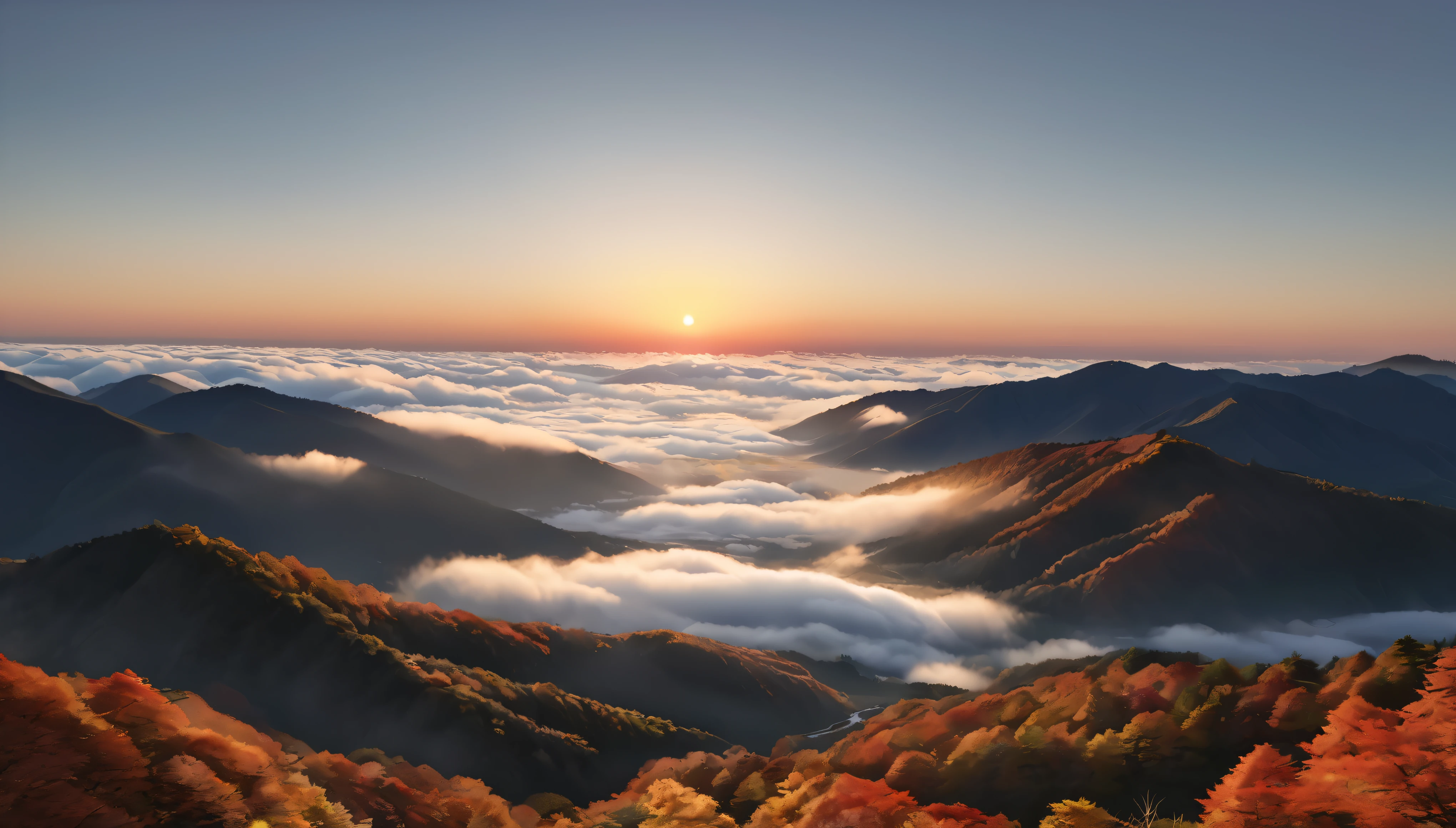 Japanese countryside scenery, Valley, autumn, sunny, sea of clouds,morning, (Highest quality,4K,8k,High resolution,masterpiece:1.2),Very detailed,(Realistic,photoRealistic,photo-Realistic:1.37),High resolution,超High resolution,Studio Lighting,Vibrant colors,Professional