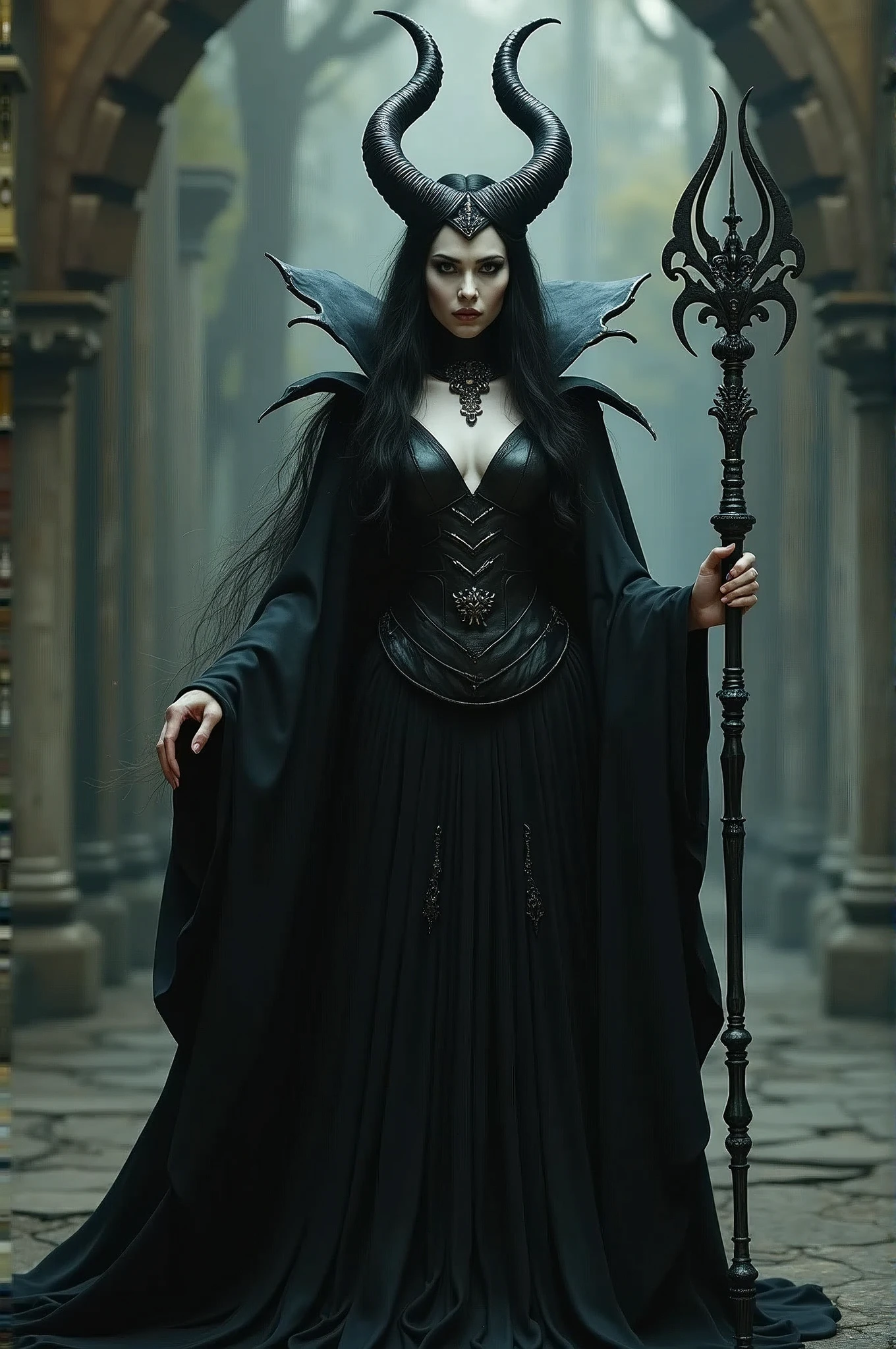 （Black Hair），Dragon Horn，Queen，Black robe，Scepter in hand，(Maleficent，迪士尼Villain)，Pale skin，Villain，Dragon Girl，Accessories