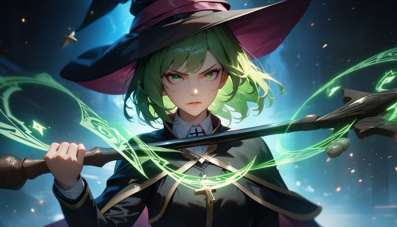Super detailed, ultra hd, 8k, best quality, masterpiece, 1 girl, holding magic staff, casting a magic spell, serious face, intense situation, dark sky, realistic light, magic circle, witch hat, green hair, bob style hair, short hair, green eye, cross necklace, wizard academy uniform, perfect face, realistic eye