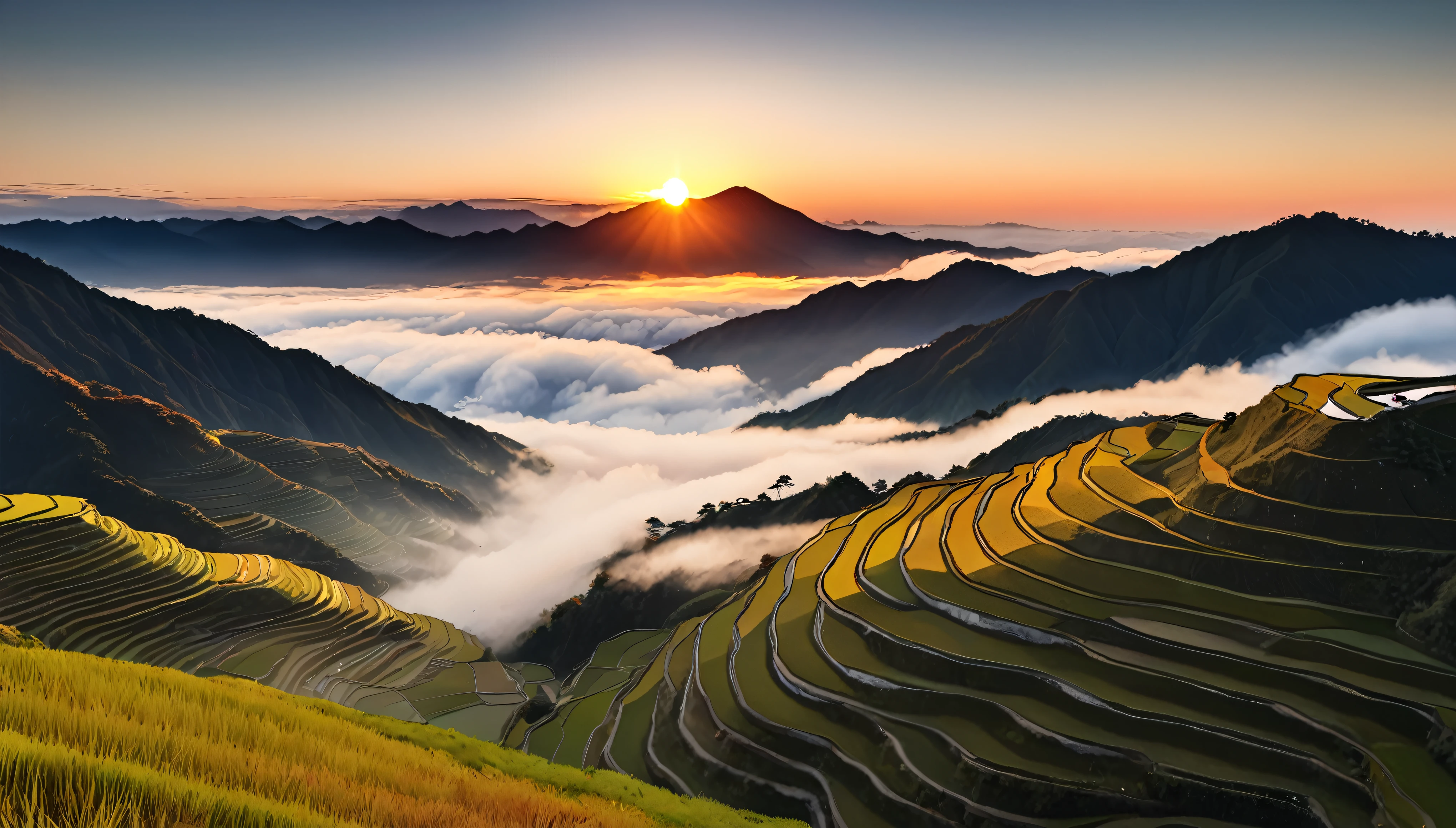 Japanese countryside scenery, Rice terraces, Azemichi, autumn, sunny, sea of clouds, morning, (Highest quality,4K,8k,High resolution,masterpiece:1.2),Very detailed,(Realistic,photoRealistic,photo-Realistic:1.37),High resolution,超High resolution,Studio Lighting,Vibrant colors,Professional