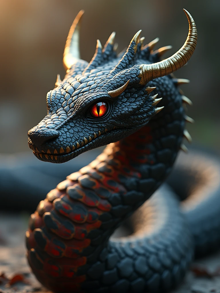 apture a photo-realistic image of a snake with dragon horns, no legs, adorned with black scales featuring intricate red and gold patterning. The snake should have colorful, beautiful eyes and be depicted in a dynamic full-body pose. Utilize cinematic lighting with Rembrandt lighting techniques to create depth and drama in the image. Incorporate volumetric lighting to enhance the atmosphere around the snake. The photograph should be taken with an aperture of F/2.8 to create a shallow depth of field and focus attention on the subject. Ensure maximum detail and ultra-realism in the rendering. The snake should be centered in the frame, commanding attention and exuding beauty and majesty. The overall composition should be visually captivating and showcase the intricate details of the snake's scales and horns.
(Dramatic Lighting, Photography, 3D Illustration, Vibrant Colors, Exquisite Detail, Award Winning, Stunning) epiCPhoto