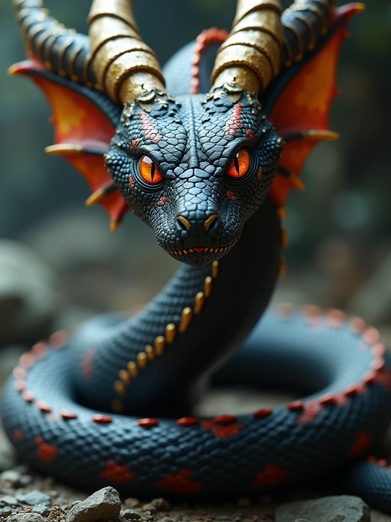 apture a photo-realistic image of a snake with dragon horns, no legs, adorned with black scales featuring intricate red and gold patterning. The snake should have colorful, beautiful eyes and be depicted in a dynamic full-body pose. Utilize cinematic lighting with Rembrandt lighting techniques to create depth and drama in the image. Incorporate volumetric lighting to enhance the atmosphere around the snake. The photograph should be taken with an aperture of F/2.8 to create a shallow depth of field and focus attention on the subject. Ensure maximum detail and ultra-realism in the rendering. The snake should be centered in the frame, commanding attention and exuding beauty and majesty. The overall composition should be visually captivating and showcase the intricate details of the snake's scales and horns.
(Dramatic Lighting, Photography, 3D Illustration, Vibrant Colors, Exquisite Detail, Award Winning, Stunning)  epiCPhoto