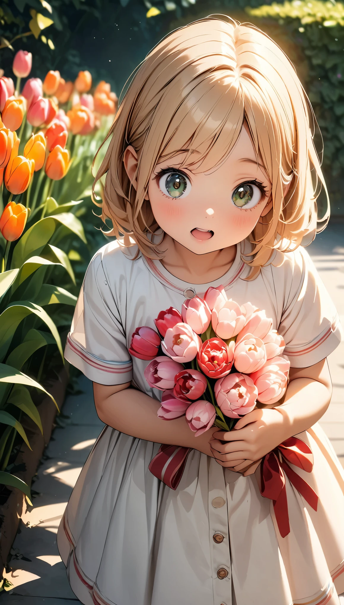Commemorative photo of girls, 1 Girl, 6 year old girl, Tulip Fields:1.2, Playing in the park, Surprised, Plants, Light and shadow with attention to detail, Background Blur, (Highest quality:1.2, 4K, 8k, Very detailed, Attention to detail, masterpiece:1.2, Best aesthetics),