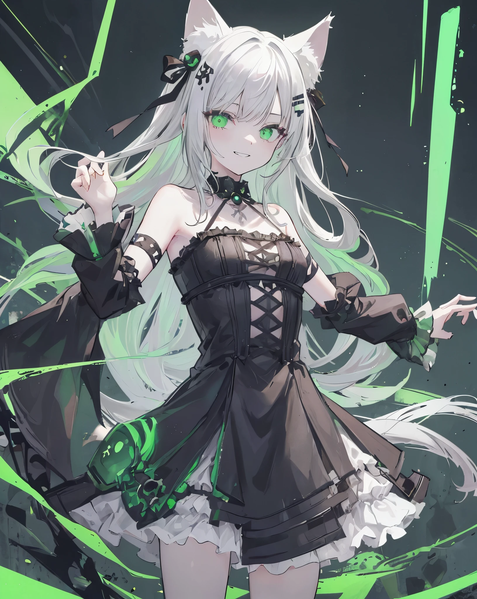 1 girl, wallpaper, whole picture, dark background with neon skull ghosts on background, dark picture, ((neko ears)) , ((cat ears)) , asymmetric hair, grey hair, green reflex hair, long hair, cute_smile, evil_smile, fluo green eyes, dynamic shot, looking at viewer, green magic from hands, neon lights, cute grin, ruffled hair, intricate black dress, bare shoulders. 
Green accents details. Neon green. 

She's a Necromancer, she's summoning skeletons. White skeletons with green neon lights from the skull eyes. She's op.
Horror anime style. Tomb. Gravestone. Grave. 