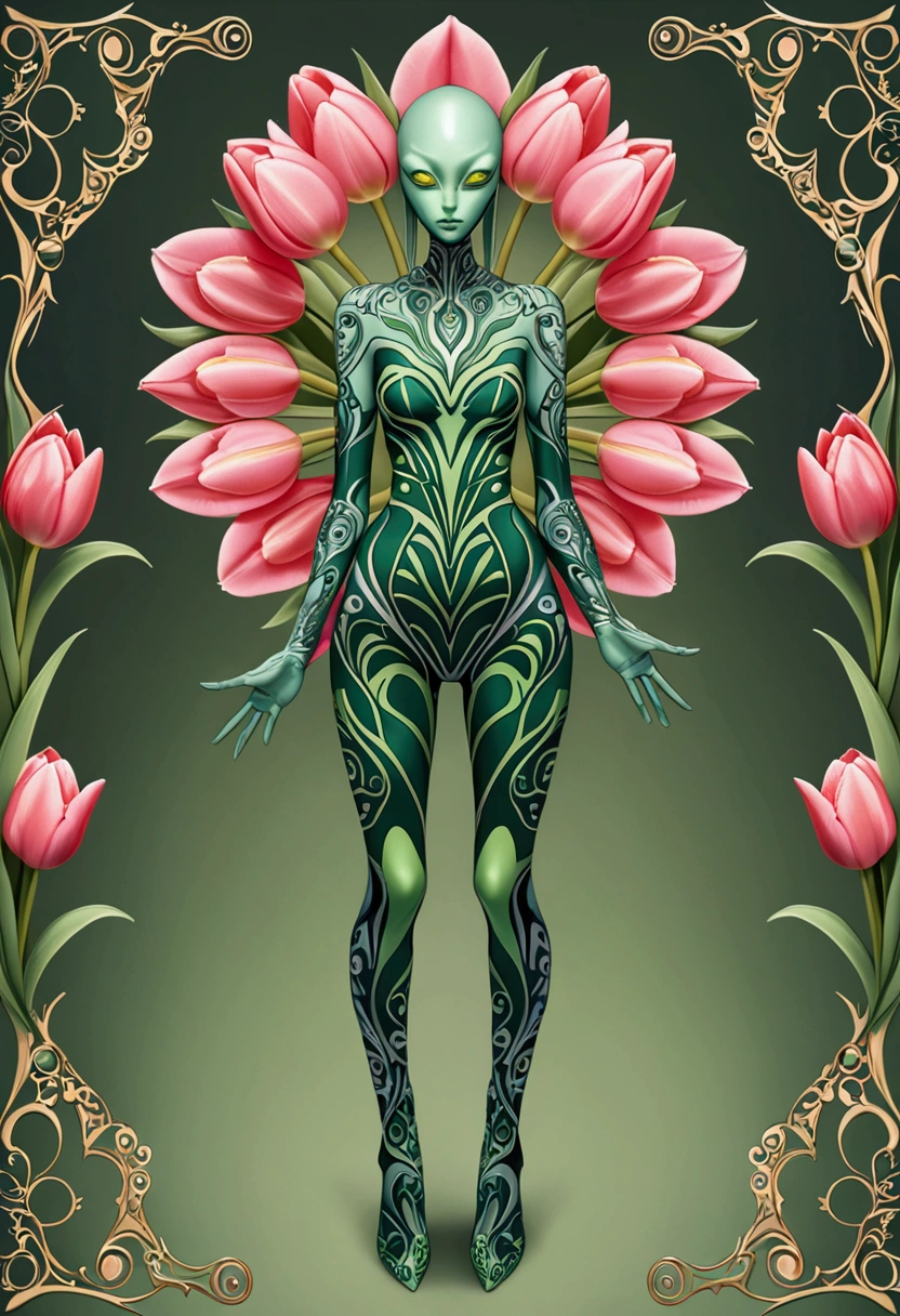 tulip alien with tulip printed jumpsuits, green skin