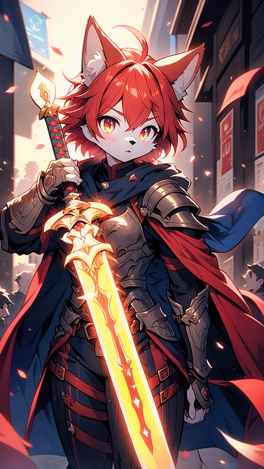 Cat Girl，short hair，braid，Tomboy，cute，Passion，Full of vitality，Energetic，Lively，shota，femboy，Red hair，Cat ears，Red Hair，Red Hair，Body hair，furry，furry，Red fur all over，hairy，sword，持sword，佩sword，拿着sword，cloak，cloak，Heroic Style，armor，奇幻armor