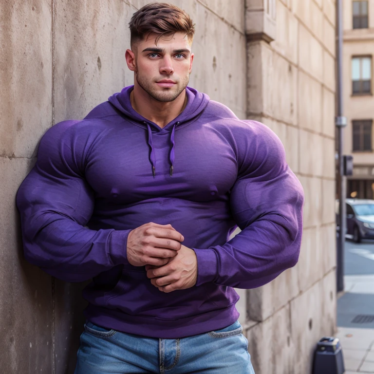 a very handsome young man, mid fade haircut, with massively large muscles, massively muscular, wearing a simple purple sweatshirt with long sleeves, leaning against a wall in a city