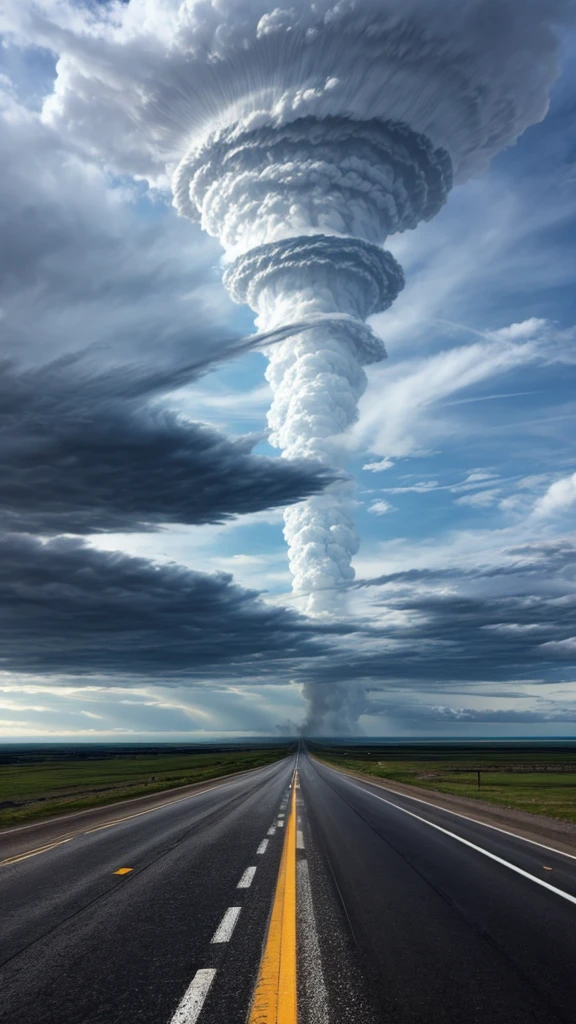 A plain，Huge tornado，A road in the middle，heavily clouded，Excellent viewing angle，Shock。