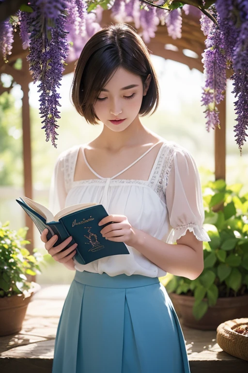 Beautiful woman standing under a wisteria trellis、20 years old、((Looking down))、((is reading a paperback book intently))、((short hair))、White blouse and light blue skirt、Backlight、Professional photography with attention to detail、Natural skin color