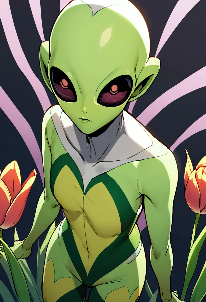 tulip alien with tulip printed dresses, green skin