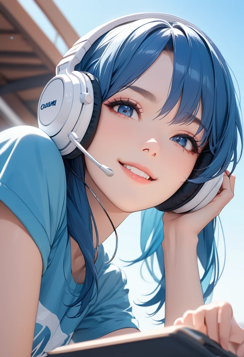 (masterpiece:1.5),(Beat quality),(high res),1girl solo,beautiful face,smile,Headphones, blue clothes, blue hair, woman,Blue sky