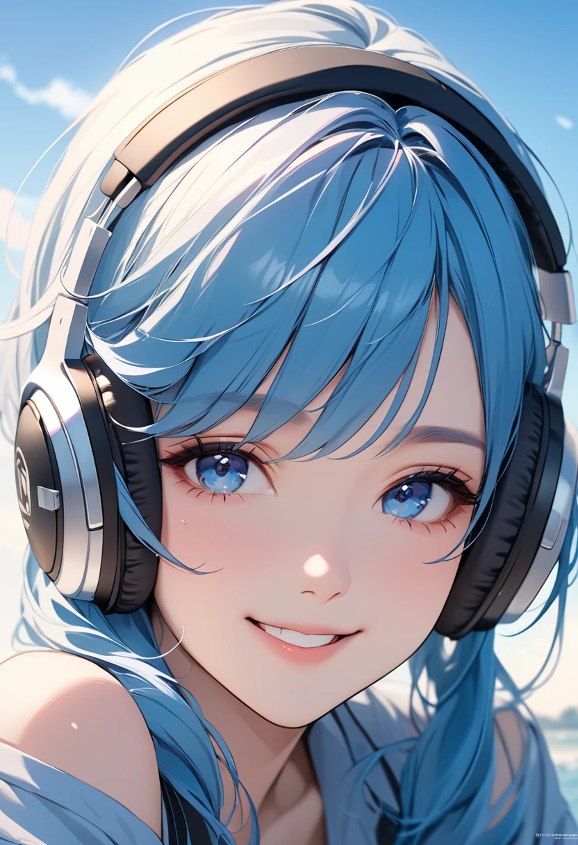 (masterpiece:1.5),(Beat quality),(high res),1girl solo,beautiful face,smile,Headphones, blue clothes, blue hair, woman,Blue sky