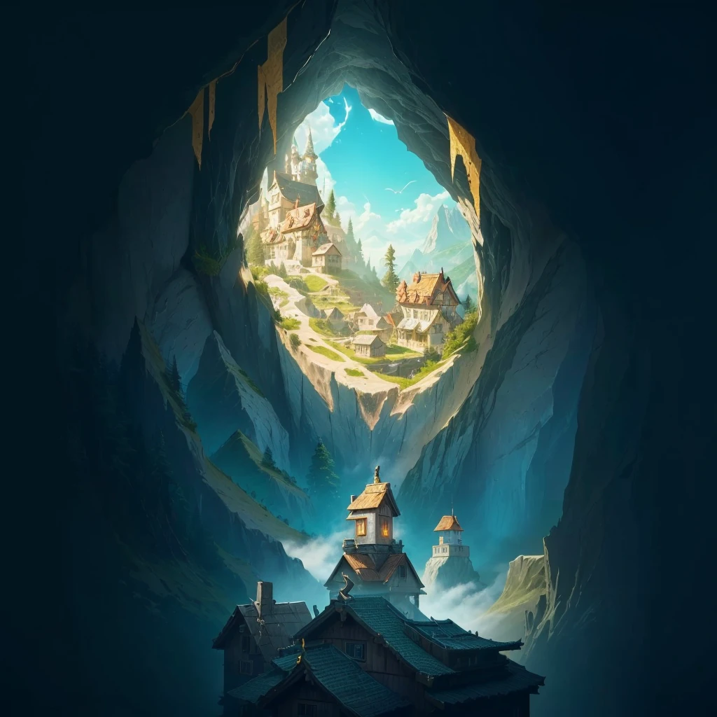 A house stands on a hill,The sky is covered with talismans,Only a hole is left,League of Legends design style,Magic style,High quality details,4K