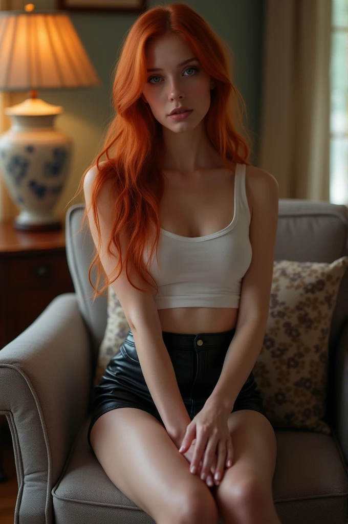 ultra realistic, photography, long red hair, girl, 24 years old, hourglass figure, perfect body, Flirty look, extremely detailed artgerm, in the style artgerm, lens 35 mm, blur background, sitting in a chair in the living room, wearing a tight cotton top and a short latex skirt, putting on opaque thigh socks, showing off legs, long legs, touching her legs, sexy legs, attractive legs, full body picture, full body portrait, full body, wide shot, wide angle