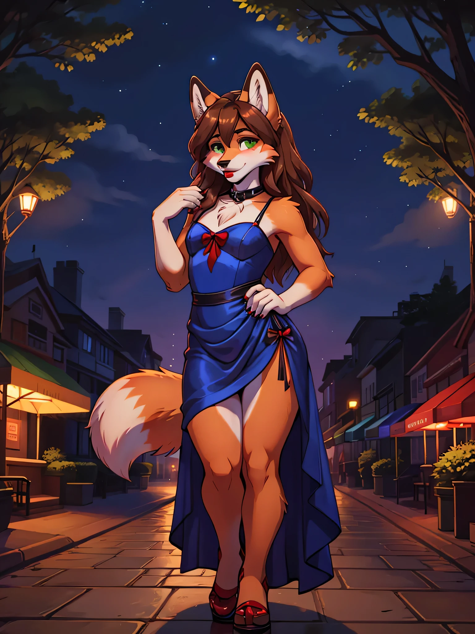 Best quality, furry male fox with green eyes, with brown long hair, with black spout, with red lipstick on lips, big lips, in a blue dress, crossdressing, shy, sexy pose, stands seductively against the backdrop of a night park