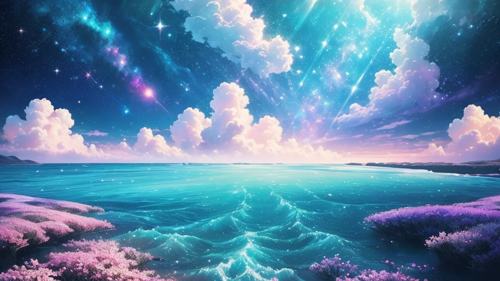 ((masterpiece)),((highest quality)),((high detail)),nobody, Magical space, A mysterious space, Pastel clouds, Iridescent Sea, A lot of gems, Sparkling, Shining Wind