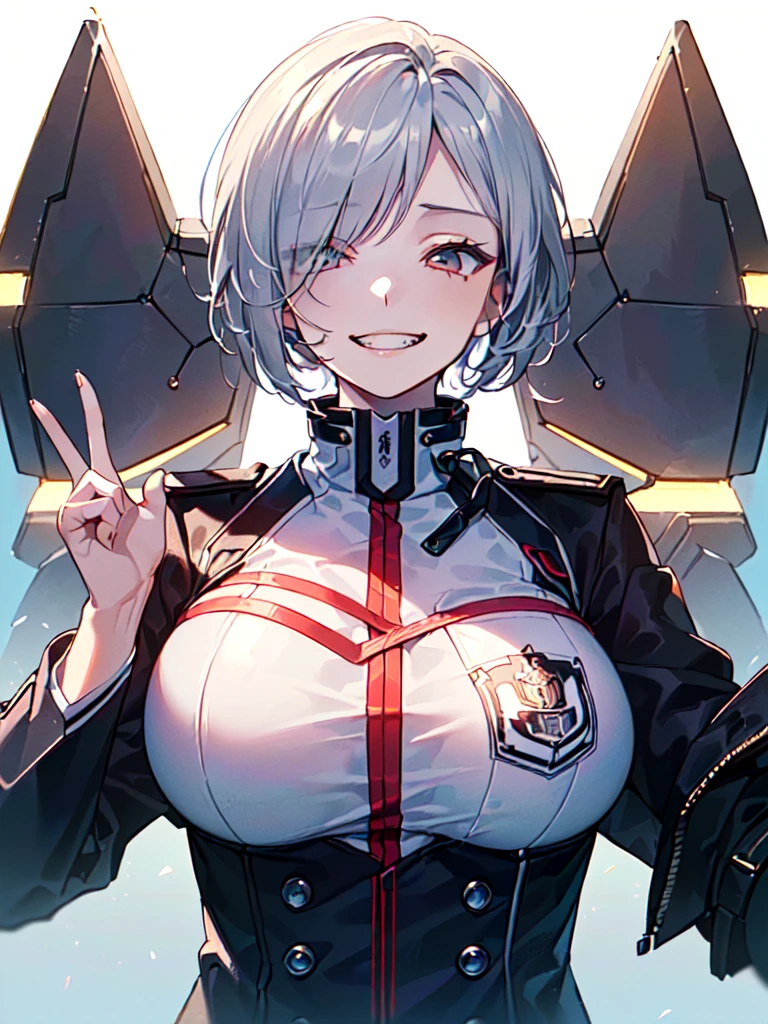(((masterpiece, Highest quality, 1girl, 20-year-old woman, Beautiful attention to detail:1.6, Upper Body, Anatomically correct, flat lighting, futuristic student uniform, natural fingers, empty eyes, smirk, show teeth, Very large breasts))), bewitching, short cut, Silver Hair、ponytails