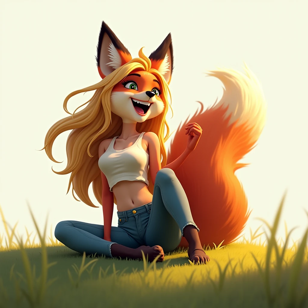 Youthful, adolescent, tall, slim, narrow hips, anthro fox character, feminine figure, 3D CAD Model Style, thick, fluffy, volumetric fur, vibrant red-orange fur, green eyes, wearing a casual crop top and jeans, sitting on a grassy hill, long wavy blonde hair flowing over shoulders, laughing as she pulls her bushy tail in front of her, holding it like a treasured possession, tail gleaming in the sunlight, soft breeze ruffling fur, playful and carefree.