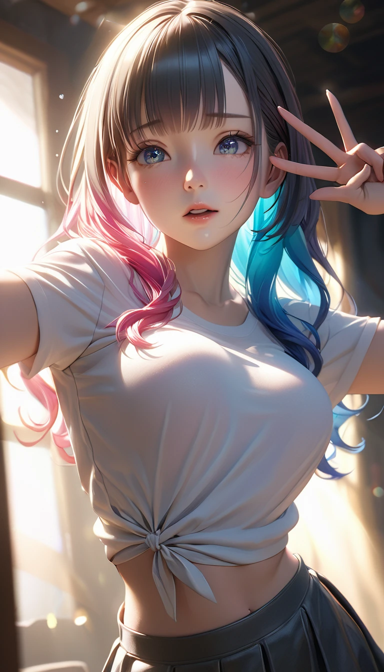 Masterpiece、最high quality、high quality、High definition、High resolution、High detail、Lens flare、Ray tracing method、high qualityの質感、high qualityの影、Beautiful details、Detailed and delicate、Detailed texture、Realistic facial expression、Realistic and colorful、Delicate、Cinematic Light、Side light、Sharp Focus、(1 woman:1.3)、(Intricate details、Makeup、Pure Eros Face_v1:0.5)、(Details Beautiful delicate face、Detailed beautiful delicate eyes、Perfect Facial Proportions、Detailed skin、Charm)、fancy hairstyles、Beautiful bangs、(Two-tone gradient hair color)、slender、(Upturned beautiful breasts)、Raise your arm and make a peace sign、Detailed crotch、Showing off your crotch、Female juice、(Experiencing the best orgasm)、Kneeling、Light-colored V-cut、Light-colored thong、Thigh mini skirt、Low-rise mini skirt、Front-button short-sleeve shirt、Crop top、The wind blows and sways、 roll up、Low-angle composition