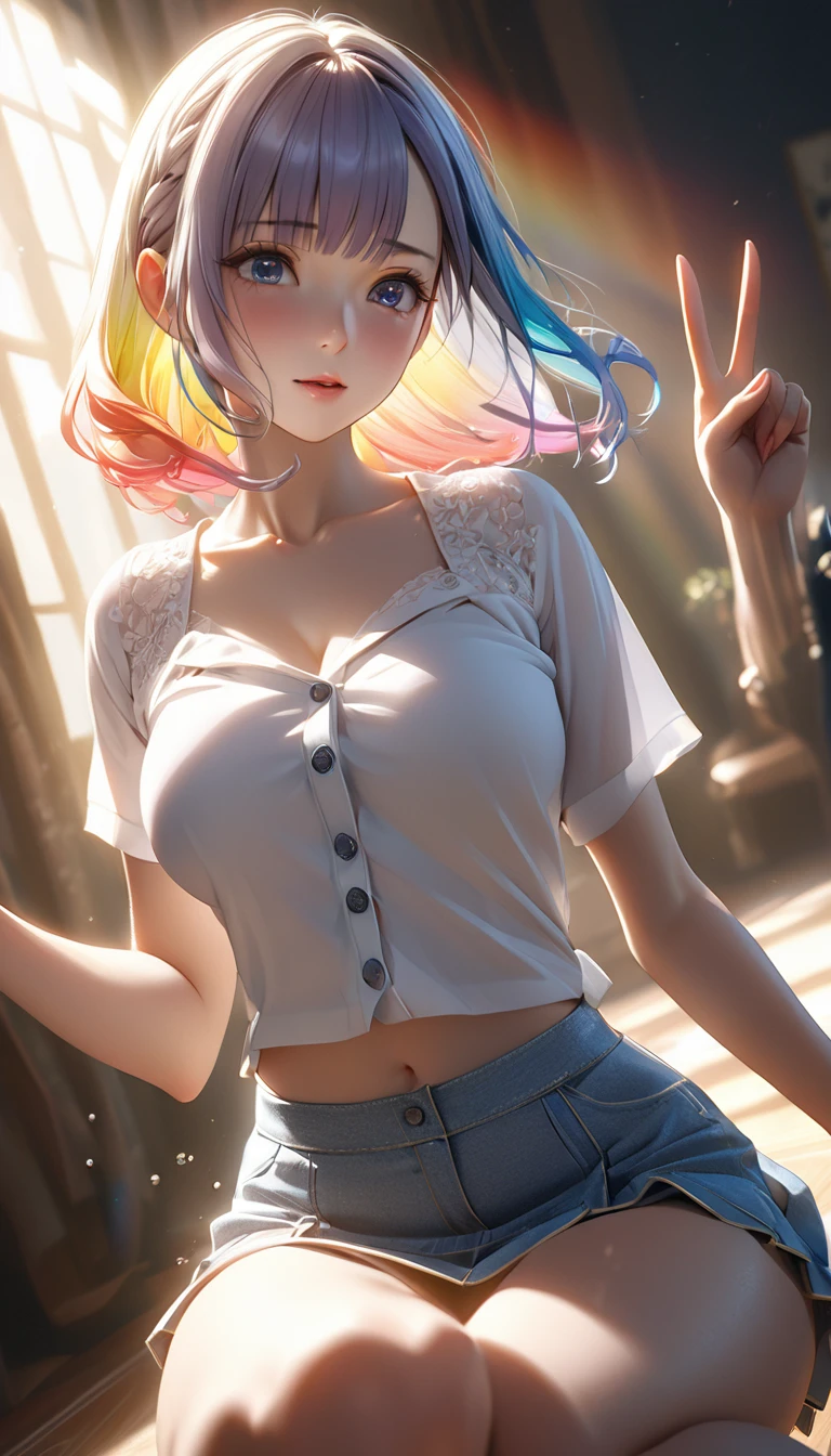 Masterpiece、最high quality、high quality、High definition、High resolution、High detail、Lens flare、Ray tracing method、high qualityの質感、high qualityの影、Beautiful details、Detailed and delicate、Detailed texture、Realistic facial expression、Realistic and colorful、Delicate、Cinematic Light、Side light、Sharp Focus、(1 woman:1.3)、(Intricate details、Makeup、Pure Eros Face_v1:0.5)、(Details Beautiful delicate face、Detailed beautiful delicate eyes、Perfect Facial Proportions、Detailed skin、Charm)、fancy hairstyles、Beautiful bangs、(Two-tone gradient hair color）、slender、(Upturned beautiful breasts)、Raise your arm and make a peace sign、Detailed crotch、Showing off your crotch、Female juice、(Experiencing the best orgasm)、Kneeling、Light-colored V-cut、Light-colored thong、Thigh mini skirt、Low-rise mini skirt、Front-button short-sleeve shirt、Crop top、The wind blows and sways、 roll up、Low-angle composition