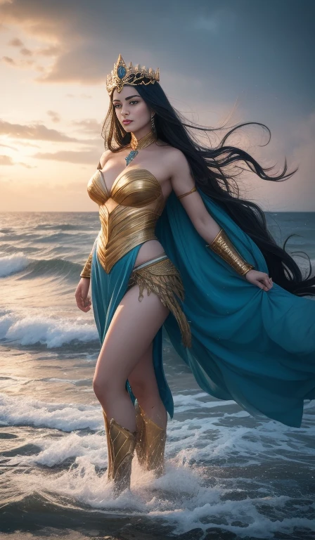 An Atlantean female warrior stands on the beach, amidst the sound of the waves and the raging storm. She has an Asian beauty, her long, silky black hair fluttering in the sea breeze. This female warrior wears a graceful armor that hugs her strong and toned body, highlighting her charming and majestic beauty. She holds a shining sword in her hand, symbolizing strength and courage.

This character is inspired by the gods of the sea, with divine beauty and power, like a sea goddess or a female version of Poseidon. Her appearance is a perfect combination of softness, elegance and the strength and resilience of a true warrior. She exudes the beauty of a goddess, reminiscent of female characters in ancient myths and epics . 