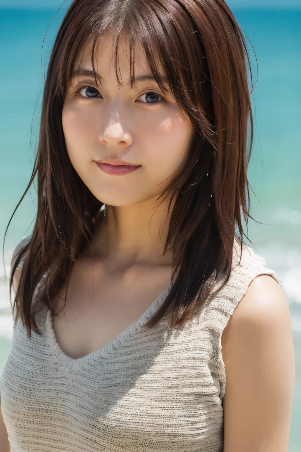 8k, highest quality, masterpiece, super high resolution, (realistic:1.4), RAW Photos, (Film Grain:1.3), One Girl, portrait of a skinny Japanese woman, 30 years old, standing on the beach, a cute face, detailed face, detailed eyes, {short|long} hair, correct body anatomy, photogravure