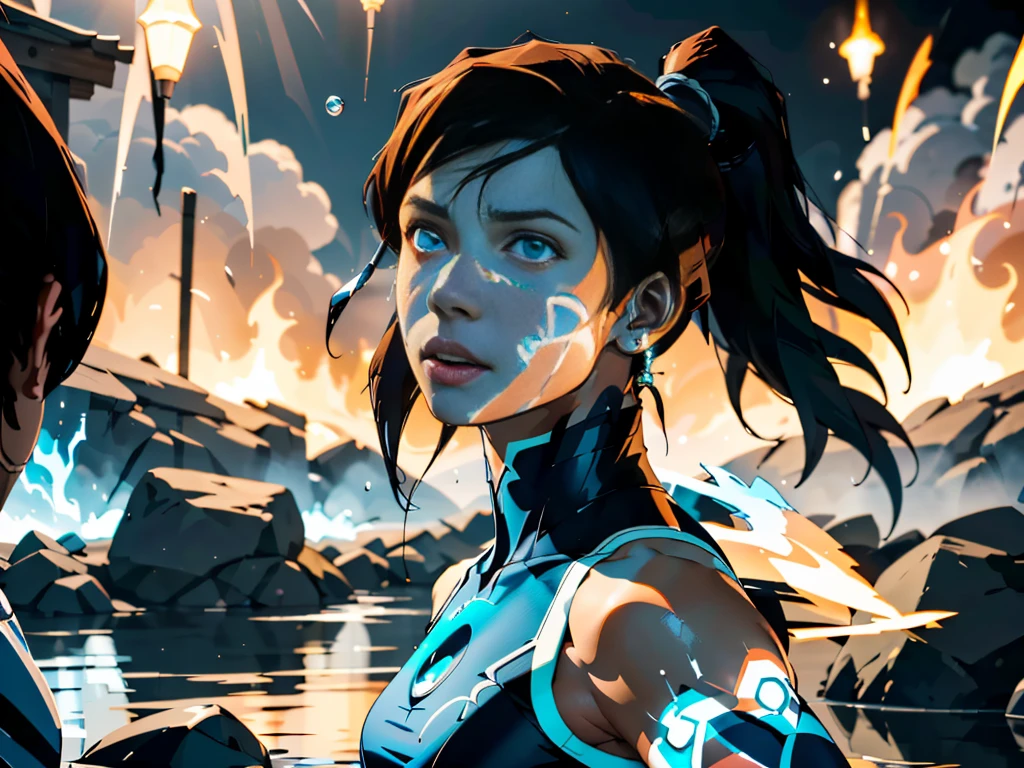 Hyper-detailed portrait of Korra from Avatar: The Legend of Korra, strong and determined expression, muscular physique, dark skin, bright blue eyes, short dark brown hair with wolf-tails, Water Tribe outfit with fur-lined sleeves, blue vest, arm bands, (bending all four elements simultaneously::1.2), (water whip::0.8), (fire in palm::0.8), (floating rocks::0.8), (swirling air::0.8), dynamic action pose, Avatar State glow effect, Southern Water Tribe symbol necklace, 
Background: Spirit World landscape, ethereal atmosphere, floating islands, bioluminescent plants, spirit creatures, shimmering portals, 
Lighting: Dramatic rim lighting, cool blue ambient light from spirit world, warm orange glow from fire bending, Avatar State eye glow reflection,
Art style: Combination of realistic textures and stylized anime features, cinematic composition, rule of thirds, ultra high resolution, photorealistic details, volumetric lighting, ray tracing, 8k, octane render
Additional details: Water droplets suspended in air, small ice crystals forming, pebbles and dust particles levitating, rippling muscles, determined facial expression, slight wind effect on hair and clothes, subtle blue spiritual aura, reflection in eyes of spirit world