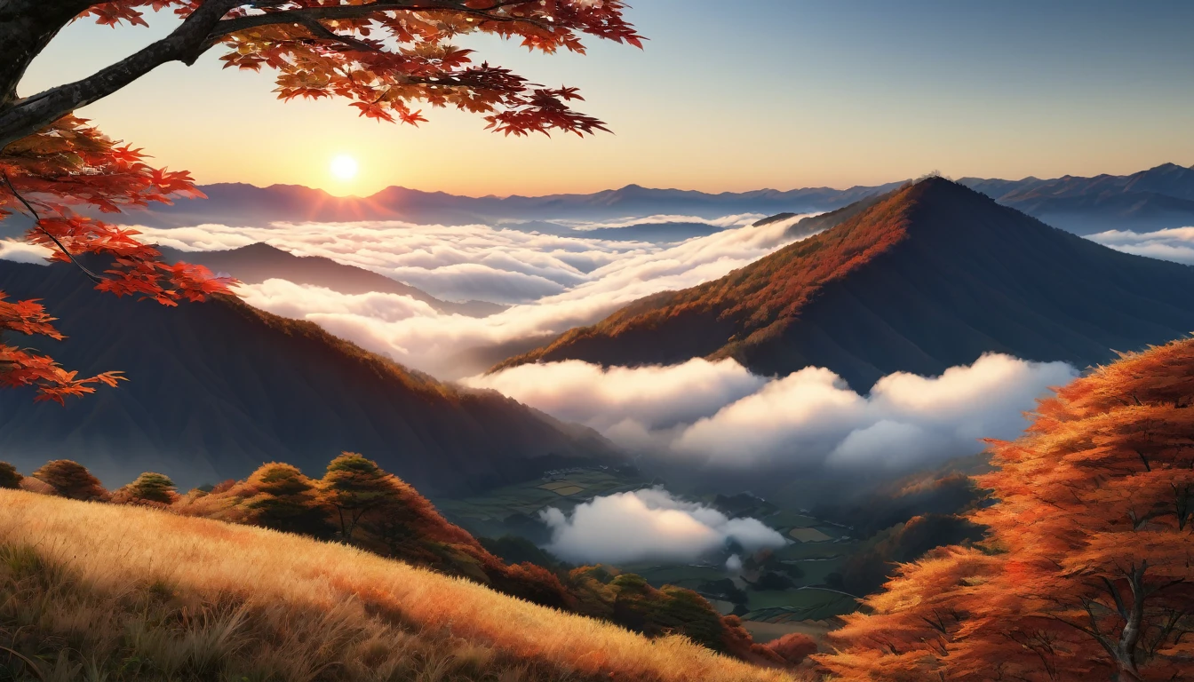 Japanese countryside scenery, Valley, autumn, sunny, sea of clouds, morning, (Highest quality,4K,8k,High resolution,masterpiece:1.2),Very detailed,(Realistic,photoRealistic,photo-Realistic:1.37),High resolution,超High resolution,Studio Lighting,Vibrant colors,Professional