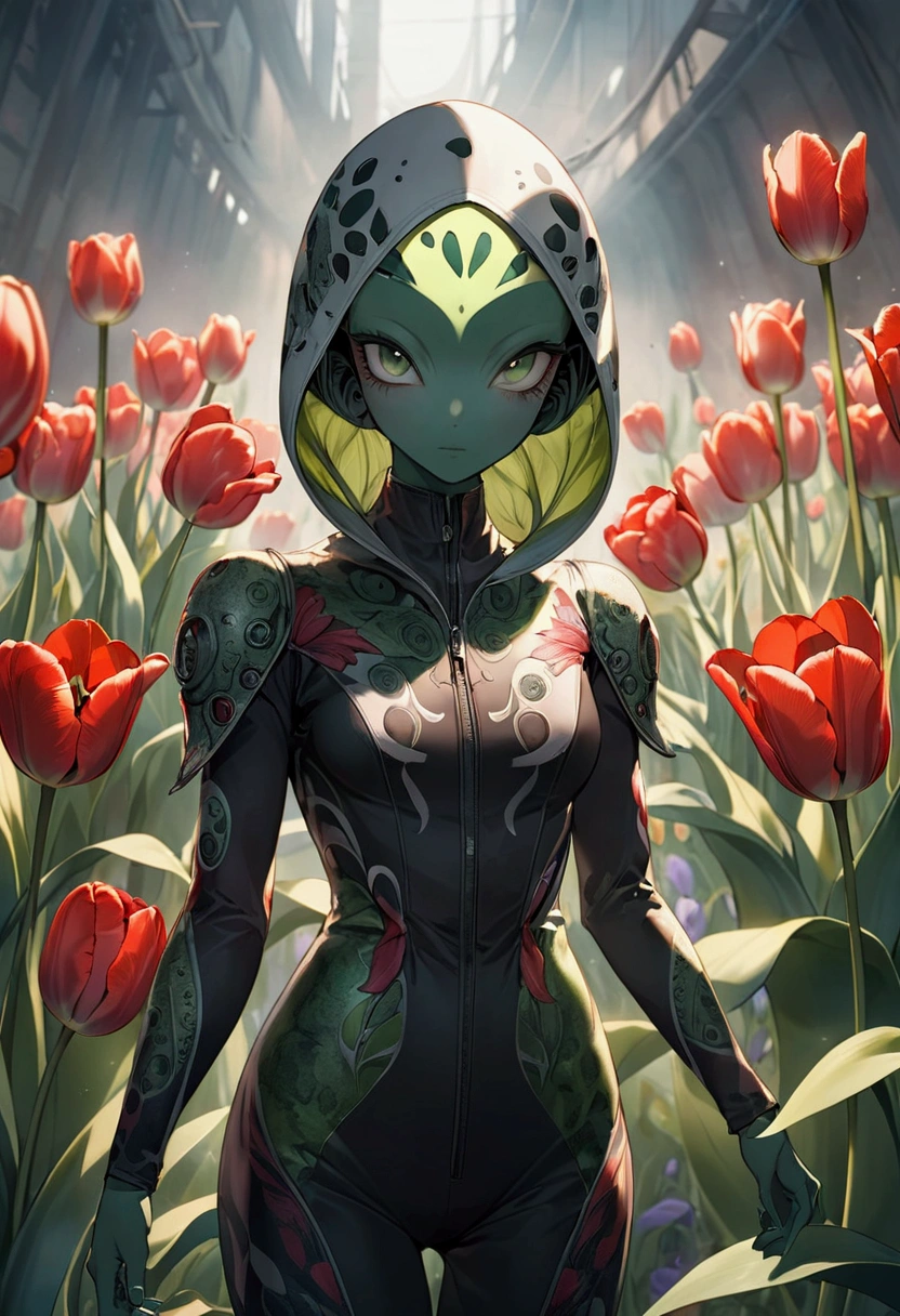 tulip alien with tulip printed dresses, green skin