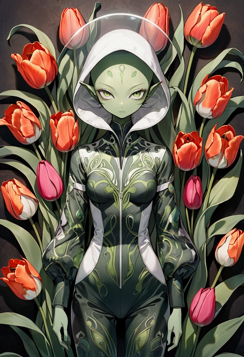 tulip alien with tulip printed jumpsuits, green skin