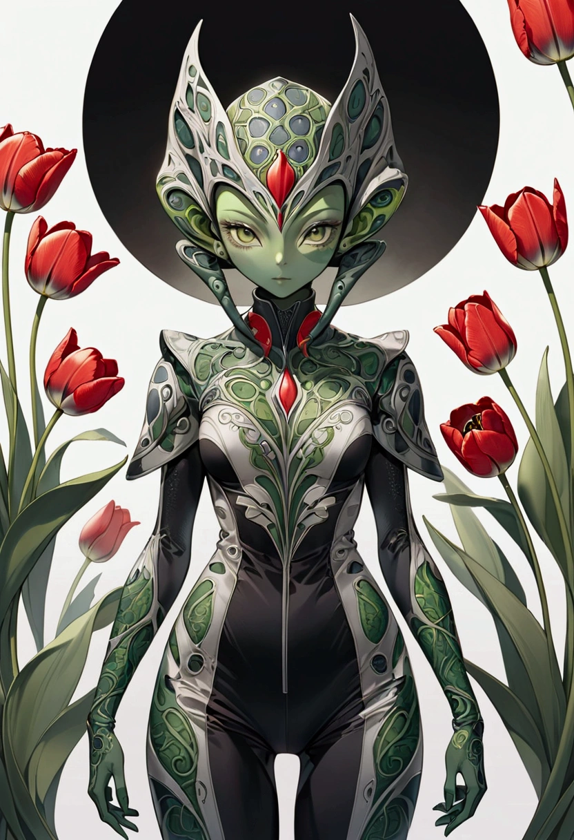 tulip alien with tulip printed jumpsuits, green skin