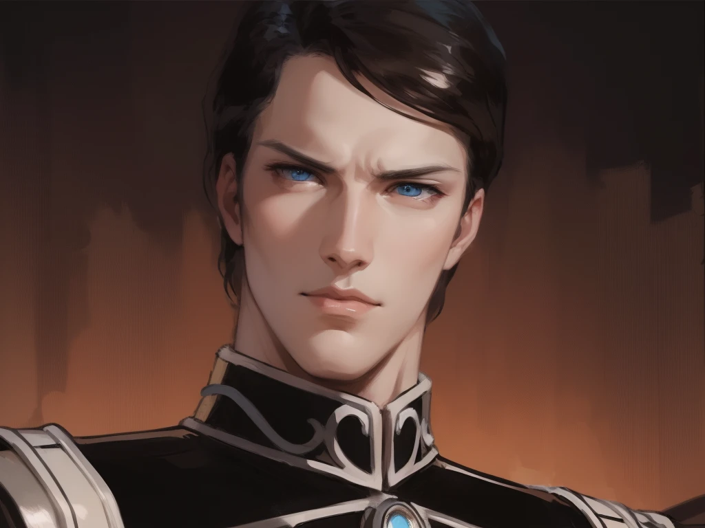 Illustration of a man, military uniform, an illustration inspired by Kanō Hōgai, Tumblr, romanticism, portrait, dark-brown hair, the sandman from graphic novel, deep focus, wearing a high-collared uniform, a silver breastplate over a black tunic with intricate designs. The tunic is adorned with silver accents. The uniform features a structured fit, emphasizing his commanding presence. Has blue eyes, and his expression exudes confidence and authority. manly features, man, manly, strong gaze, mouth closed, mouth shut