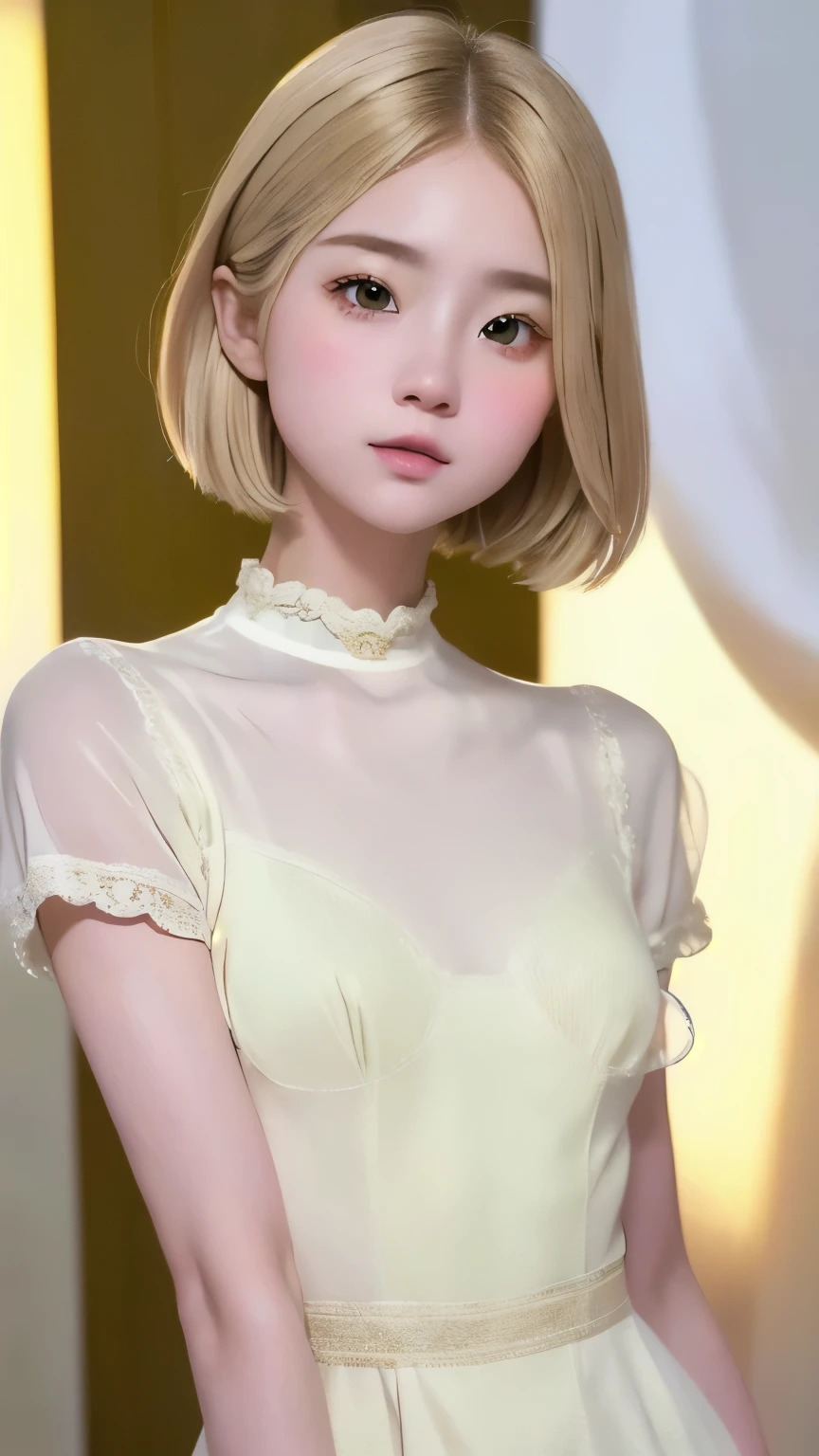 anatomy、Realistic depiction of the human body、woman、16talent、Very cute face、Baby Face、Beige Hair、Unique short bob、Small breasts、Clear skin、Immersive depiction、return々New Expressions、realism、Upper body angle、Focus on the face、white elegant dress、Blurred Background、Highest quality、Ultra-high resolution、Best image quality、masterpiece、The art of math、Digital Portrait、Perfect lighting、Professional Photographer
