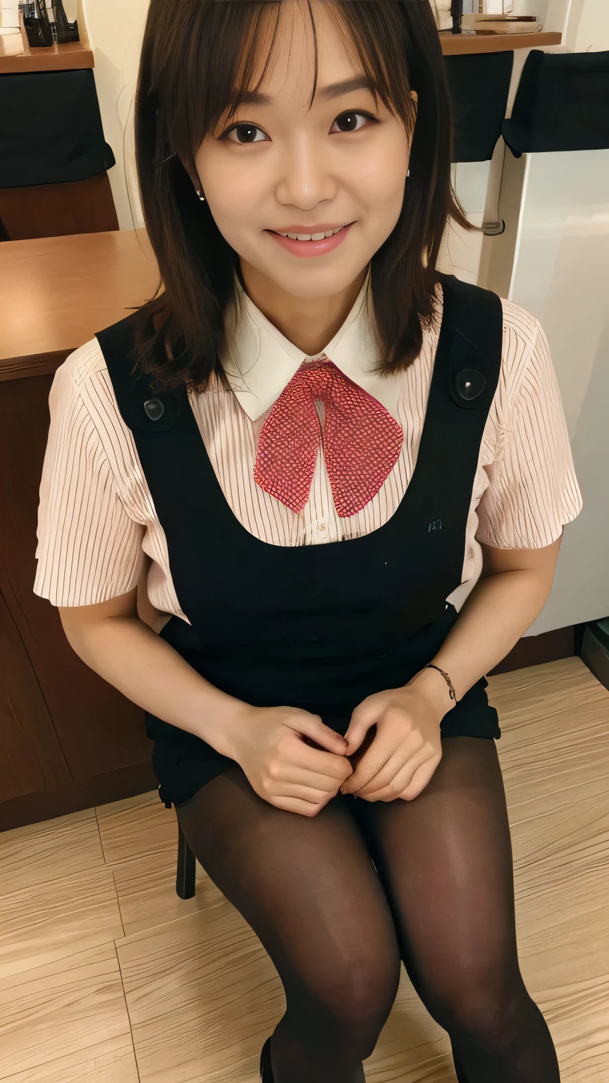 Highest quality、8k、masterpiece、Ultra-high resolution、Clear photos、Professional Lighting、Natural light、Realistic,、Highly detailed skin、Perfect Anatomy、(Beautiful Hands)、(Beautiful fingers)、One Woman、Age 25、Baby Face:1.8、Large Breasts、(Large areola)、Glamour、Bob Hair、Brown Hair、Beautiful Hair、smile、Star Uniform、Black vest、Short sleeve shirt、Black tight mini skirt、((Perfect Pantyhose:1.2))、((Black Pantyhose:1.1))、At the cafe、((Squat with your feet spread on the floor))