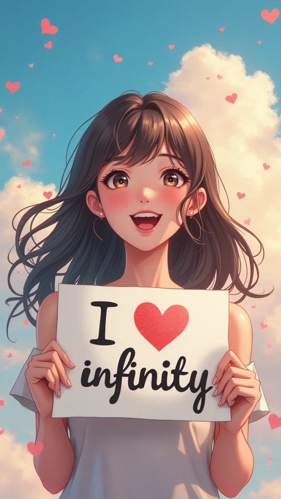 a beautiful and cute woman holding up a sign "i love infinity", joyful, happy, anime illustration, photorealistic, oil painting