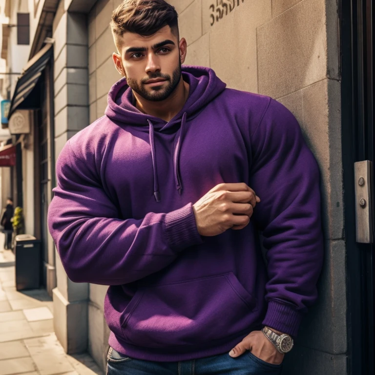 a very handsome young man, mid fade haircut, with massively large muscles, massively muscular, wearing a simple purple sweatshirt with long sleeves, leaning against a wall in a city