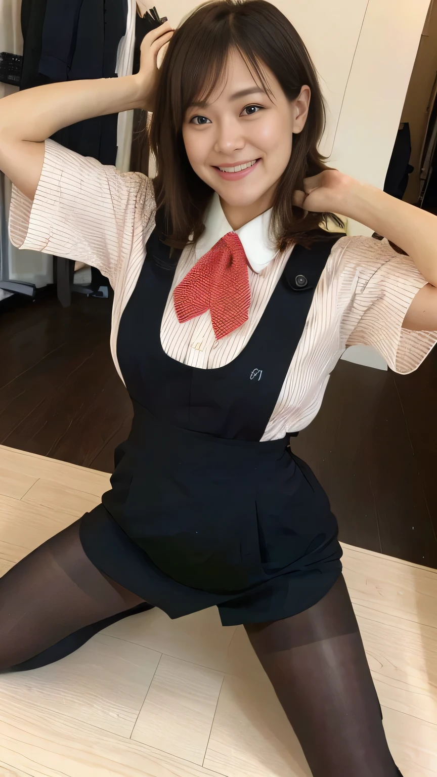 Highest quality、8k、masterpiece、Ultra-high resolution、Clear photos、Professional Lighting、Natural light、Realistic,、Highly detailed skin、Perfect Anatomy、(Beautiful Hands)、(Beautiful fingers)、One Woman、Age 25、Baby Face:1.8、Large Breasts、(Large areola)、Glamour、Bob Hair、Brown Hair、Beautiful Hair、smile、Star Uniform、Black vest、Short sleeve shirt、Black tight mini skirt、((Perfect Pantyhose:1.2))、((Black Pantyhose:1.1))、At the cafe、((Squat with your feet spread on the floor))