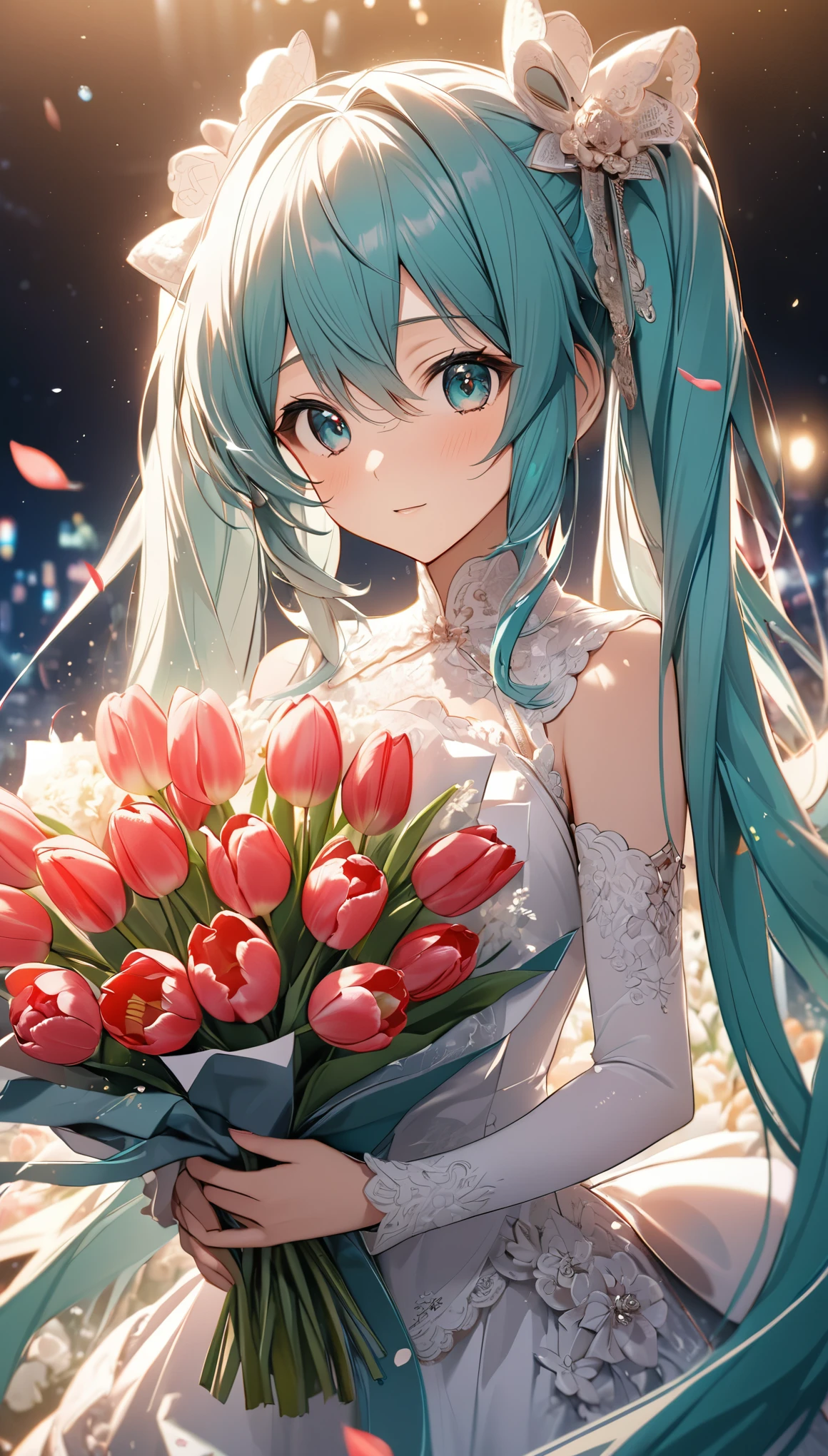 (8k, Highest quality, masterpiece: 1.2), (amime: 1.37), Very detailed, Close-up, (Hatsune Miku in a bridal outfit holding a bouquet of tulips:1.2),, , , Small faint lights, night, , Intricate details, Splash screen, Gorgeous church, Stained glass