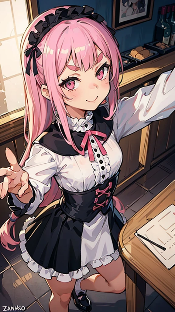 Girl with pink hair, long double-tailed hairstyle, ((small pink bushy eyebrows)), wearing lolita clothing, marked vagina, lolicon (Zankuro) drawing style by zankuro artist, Zancro style, image uploaded to R34, flirty smile , ((showing the pubes)) in a restaurant, facing the camera, camera from above, looking with a very flirtatious face, with her breasts out, inviting to have sex with her legs open, stretching her hands to be taken in her arms