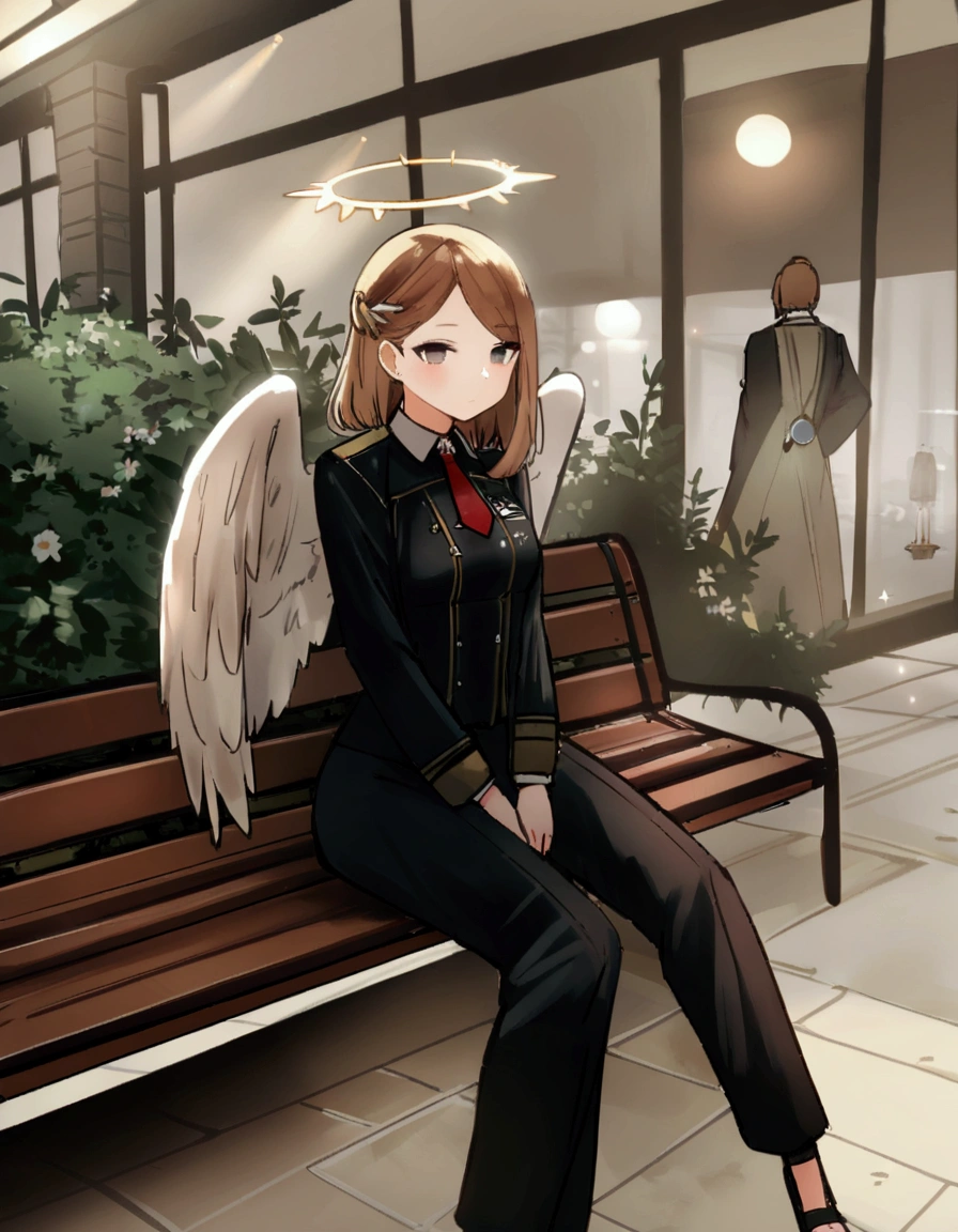 there is a woman sitting on a bench with an angel wings on her head, (hair swept bangs:1.3), (brown hair:1.3), angel-themed, wearing angel, angel themed, full - body majestic angel, dark angel of coffee, ellie bamber fairy, angel girl, wearing angel halo, jovana rikalo, inspired by Marie Angel, inspired by Glòria Muñoz, from girls frontline, fine details. girls frontline, anya from spy x family, girls frontline universe, girls frontline style, girls frontline, girls frontline cg, yayoi kasuma, female protagonist 👀 :